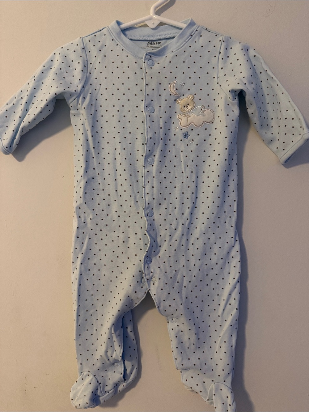 Little Me Light Blue Polka Dot Footed One-Piece with Bear Patch